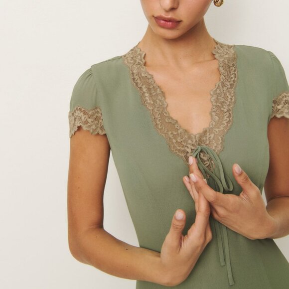 Reformation Green Midi Dress with Lace Trim - Picture 2 of 12